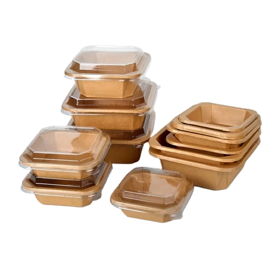 Grease-resistant kraft lunch box with clear lid